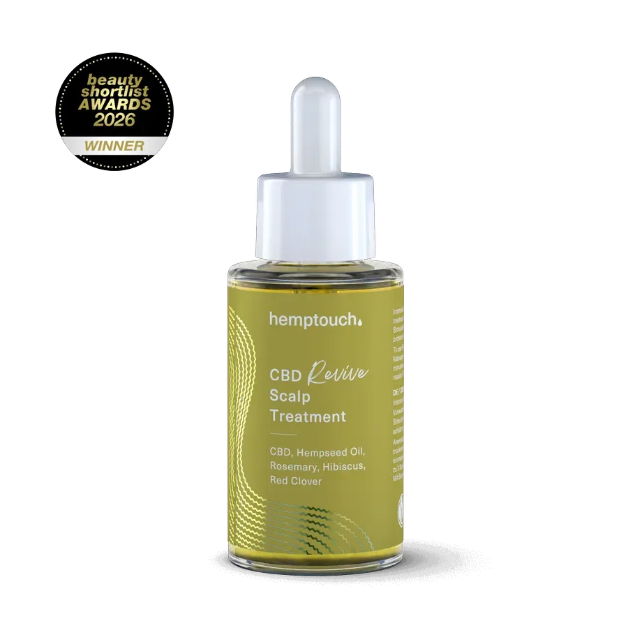 Das Hemptouch CBD Revive Scalp Treatment in der 50ml Pipettenflasche zur Pflege der Kopfhaut.