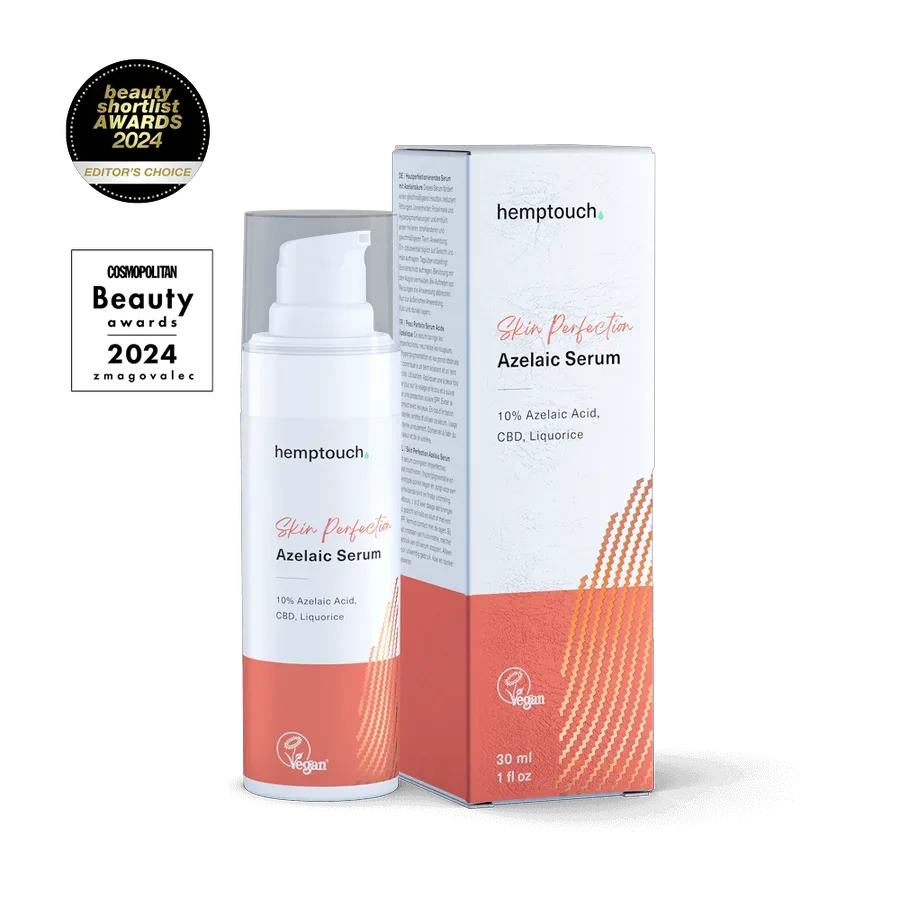 Das vegane Hemptouch Skin Perfection Azelaic Serum im 30ml Pumpspender für einen ebenmäßigen Teint.
