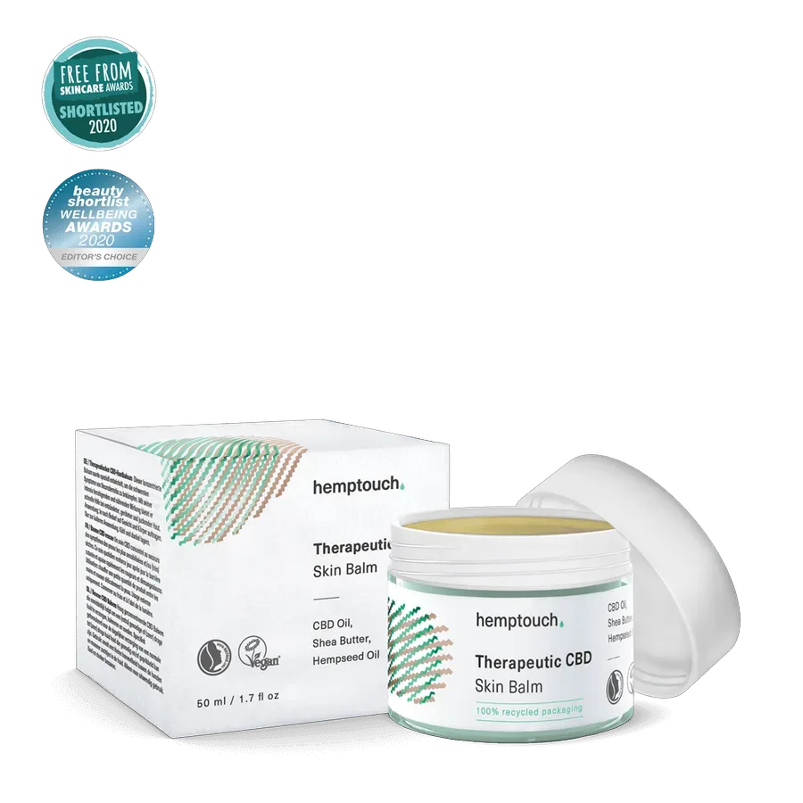 Der vegane Hemptouch Therapeutic CBD Skin Balm im 50ml Tiegel zur Pflege von gereizter Haut.