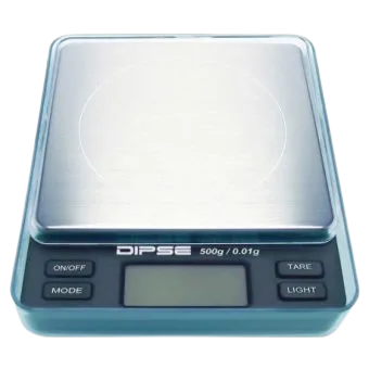 Die professionelle DIPSE TP-500 Digitalwaage (500g / 0,01g) mit Edelstahl-Wiegefläche bei MAGU.