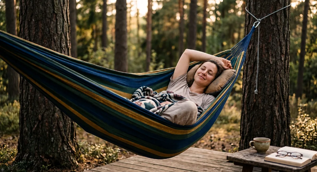 Frau entspannt friedlich in einer gestreiften Hängematte im Wald bei Sonnenuntergang. Ein Beistelltisch mit Tee und Buch steht daneben. Titelbild für einen Artikel von MAGU CBD über Nebenwirkungen.