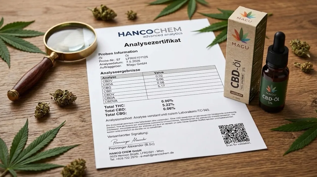 Ein gedrucktes Analysezertifikat für MAGU CBD Öl auf einem Holztisch, daneben eine Lupe, Hanfblätter und eine Flasche MAGU CBD-Öl 5%.