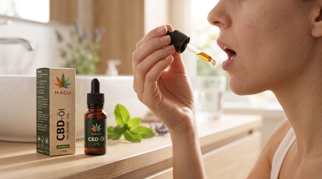 Anwendung von MAGU CBD-Öl 20% mit einer Pipette für die richtige Dosierung.