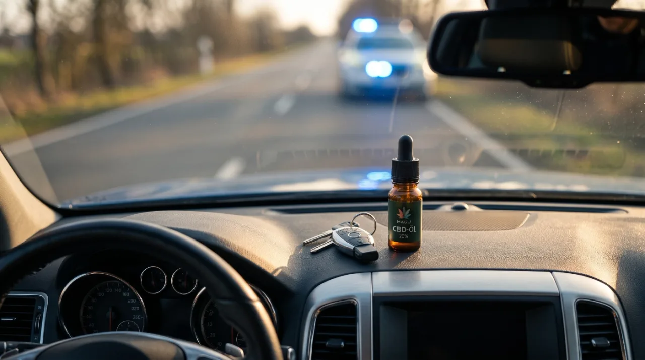CBD Öl und Autofahren: MAGU CBD-Öl und Autoschlüssel auf dem Armaturenbrett bei einer polizeilichen Verkehrskontrolle.
