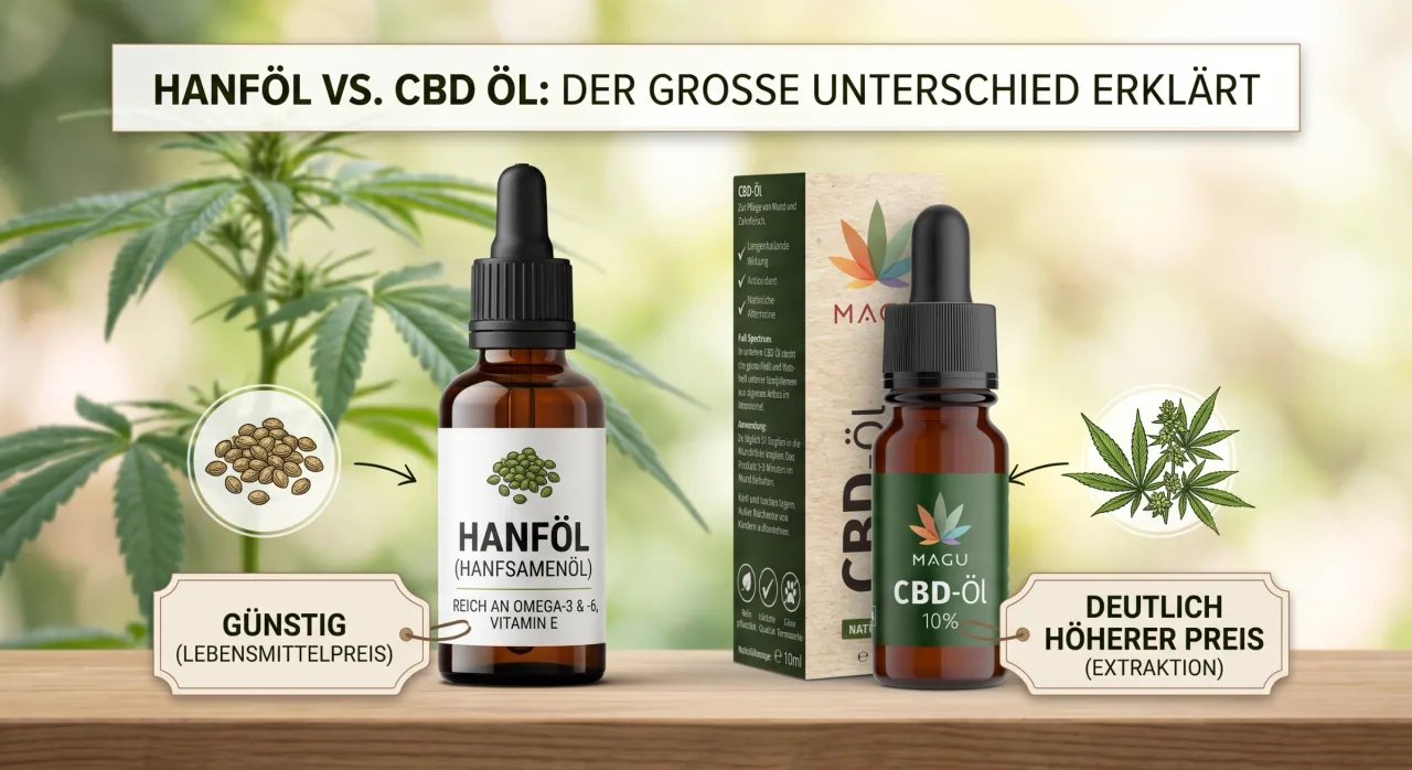 Grafische Gegenüberstellung von günstigem Hanföl aus Hanfsamen und hochwertigem MAGU CBD Öl aus Blütenextraktion.