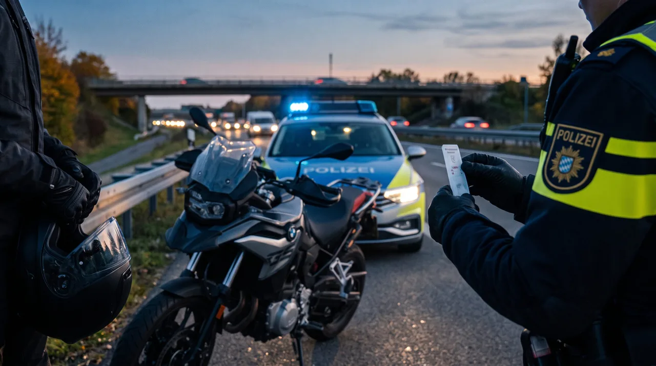 Verkehrskontrolle und Drogentest: Polizist überprüft einen Schnelltest neben einem Motorrad.